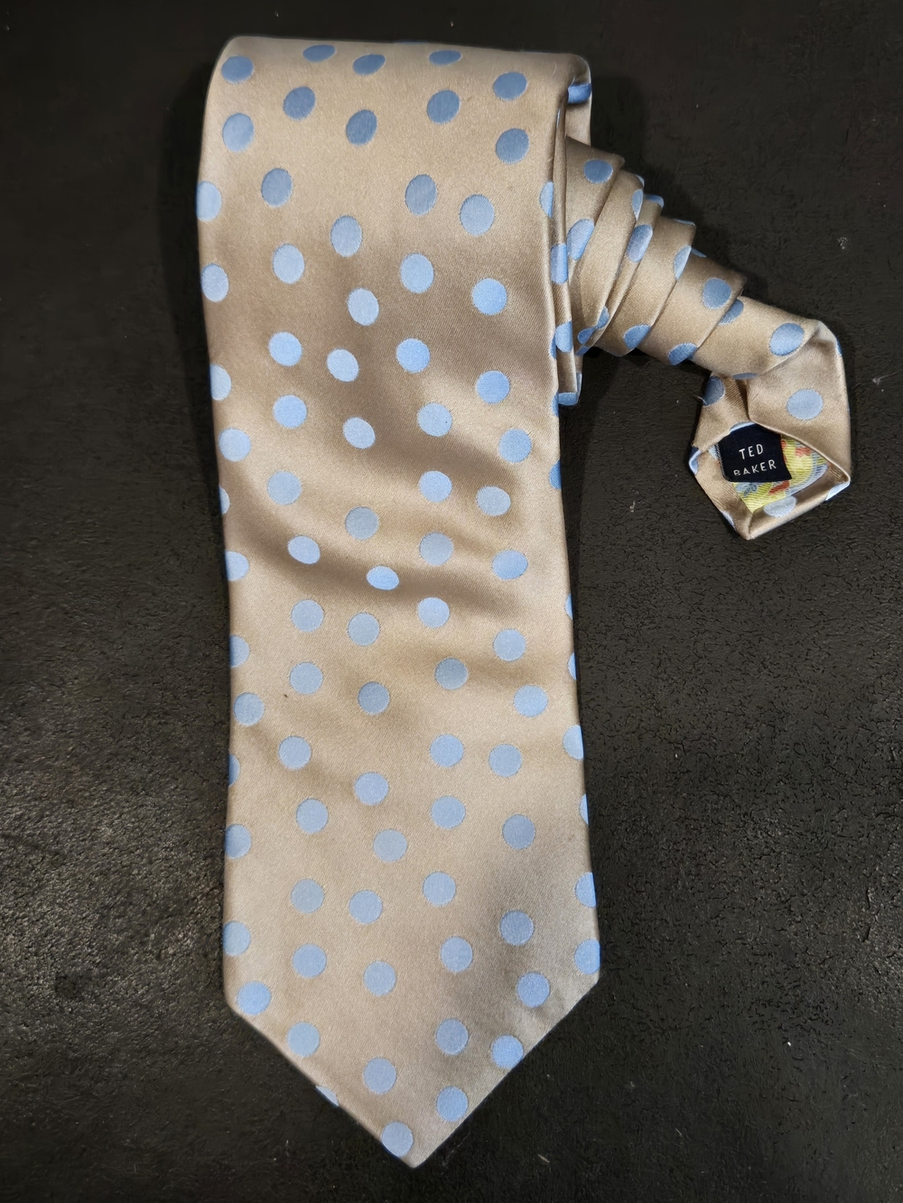 Ted Baker Taupe Silk Tie with Light Blue Polka Dots